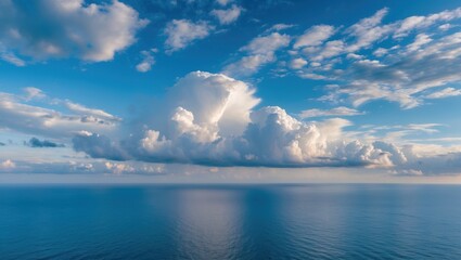 Obraz premium Vast blue ocean under a bright sky with fluffy clouds reflecting on the water surface peaceful landscape nature scene Copy Space