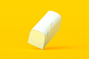 Falling mailbox on orange background. Vintage post box. Metal letterbox. Business correspondence. 3d render