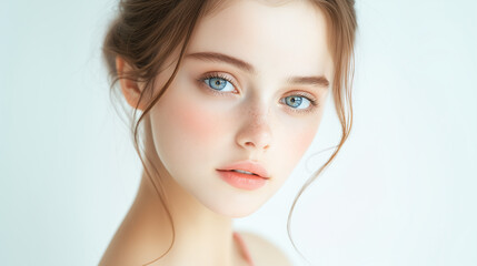 A fair-skinned woman with delicate makeup and translucent skin looks at the camera. The background and lighting emphasize her natural beauty and subtle glow.