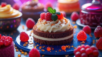 Chocolate cake with cream and raspberries on a blue plate with decorations and colorful desserts in the background Copy Space