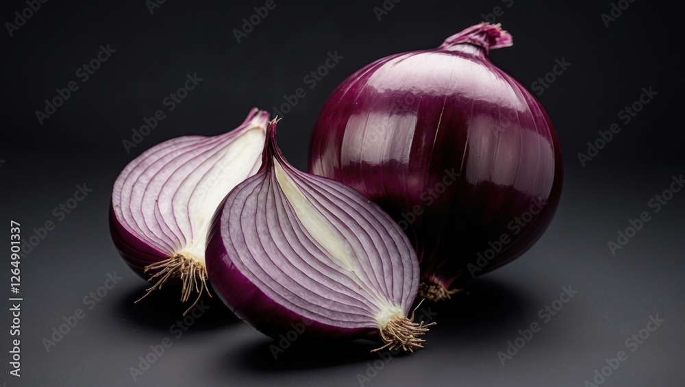 Aufkleber red onion with two halves showcasing inner layers on dark background with copy space