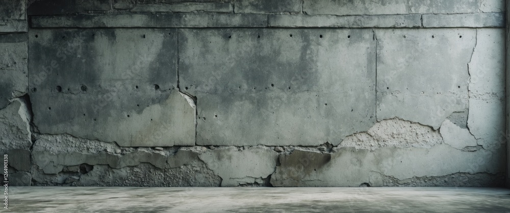 Poster Concrete wall with cracks and textured surface in industrial setting providing copy space for text placement