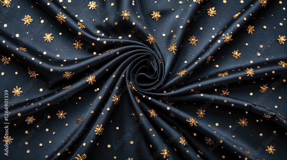 Poster black fabric with golden floral and circular patterns arranged in a spiral design, suitable for vari