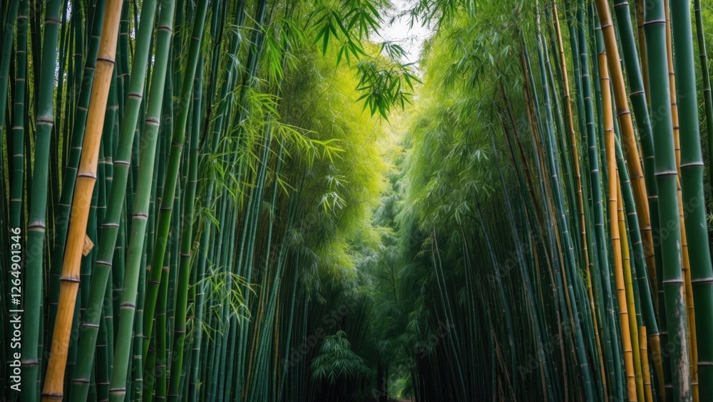 Aufkleber lush green bamboo forest pathway with dense tall bamboo stalks and leaves creating a natural archway