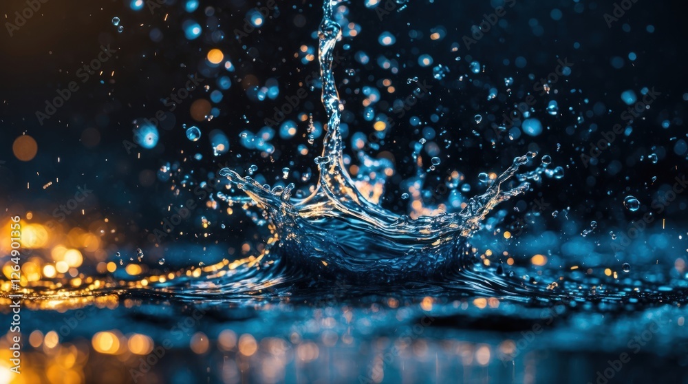 Poster close-up of water splash with droplets and illuminated bokeh background in shades of blue and orange