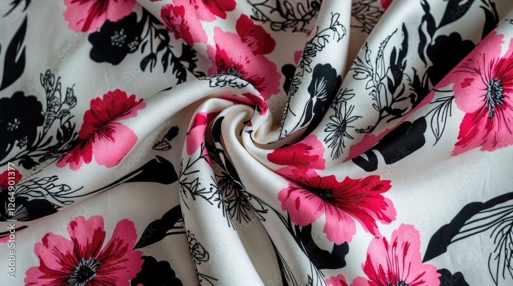 Poster floral pattern fabric with pink and black flower designs on white background displaying smooth textu