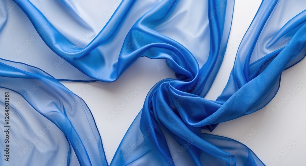 Poster Blue translucent fabric with soft folds and drapes on a light background, ideal for textile showcasing and design projects Copy Space