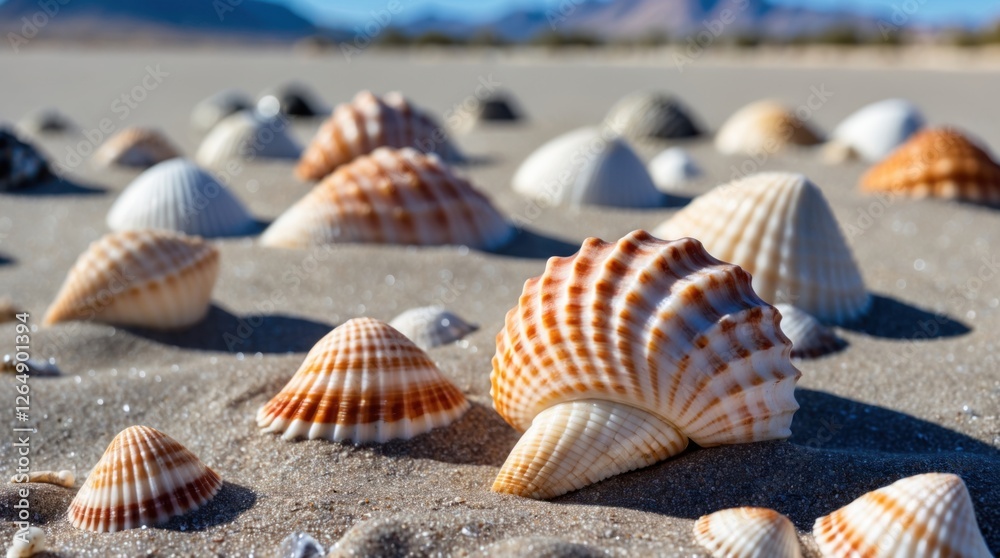 Poster seashells scattered on sandy beach under bright sunlight with mountains in the background copy space