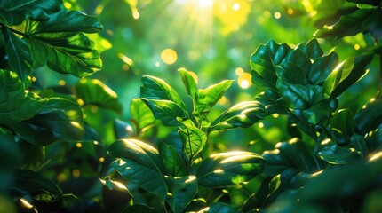 Lush green leaves with sunlight shining through creating a natural and vibrant atmosphere Copy Space