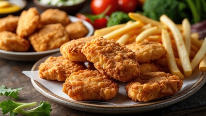 Fototapeta premium Fried chicken nuggets served with golden French fries along with fresh vegetables on wooden table Copy Space