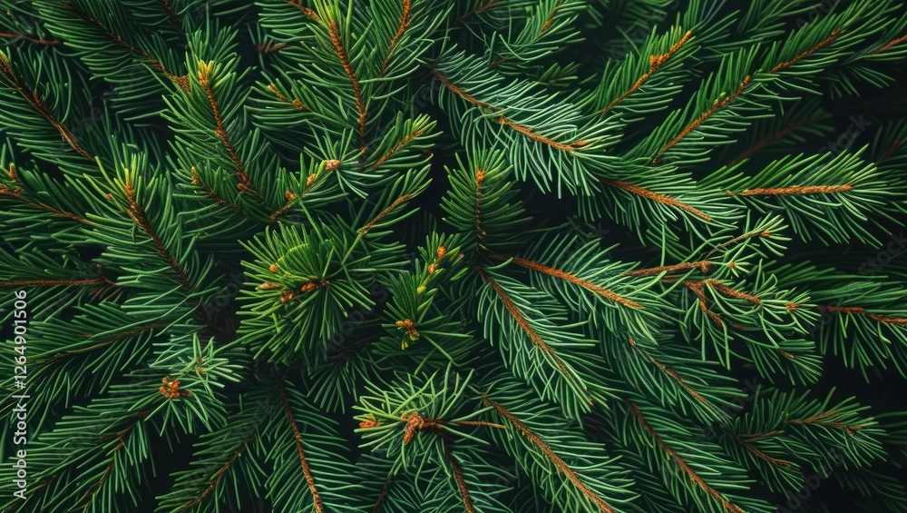 Poster Close-up view of lush evergreen tree branches with needle-like leaves on a dark background Copy Space
