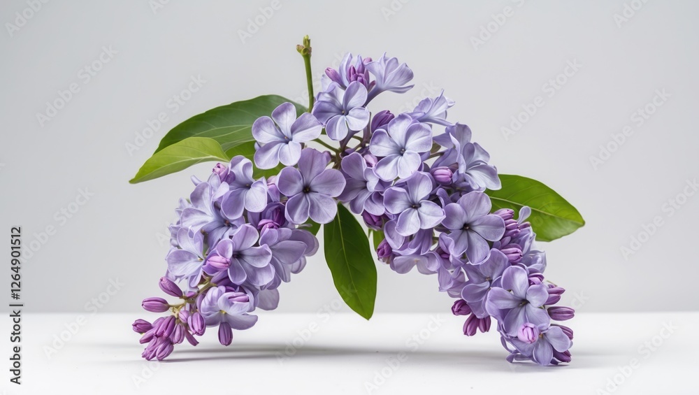 Aufkleber purple lilac flowers with green leaves arranged on a white background with ample copy space for text