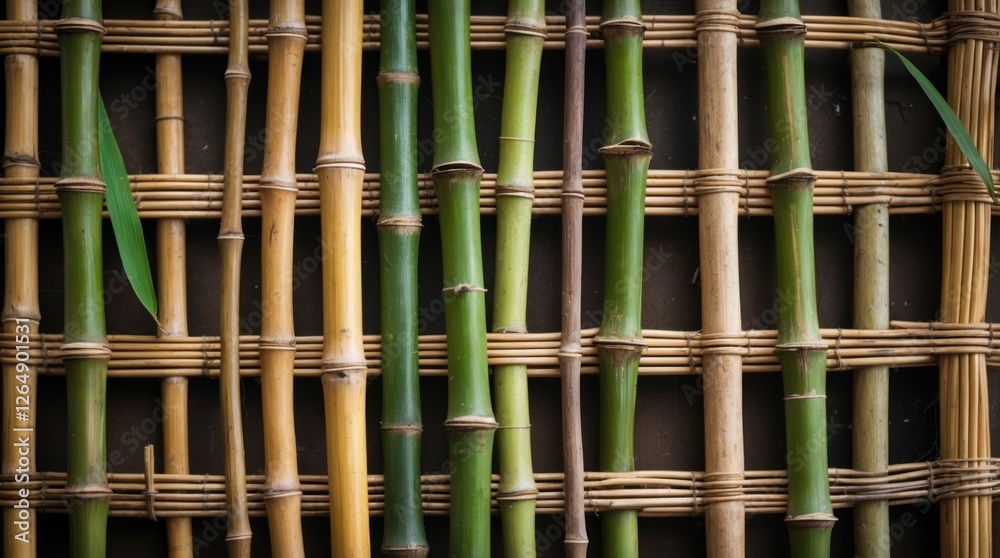 Poster bamboo shoots arranged in a decorative pattern on a woven surface with natural colors and textures c