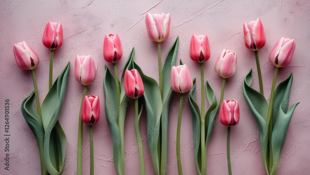 Aufkleber bunch of pink tulips arranged on soft pink textured background with green leaves and ample space for