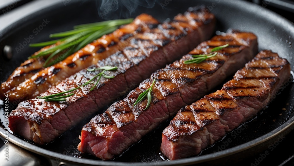 Poster grilled beef steak strips with herbs in frying pan high resolution copy space