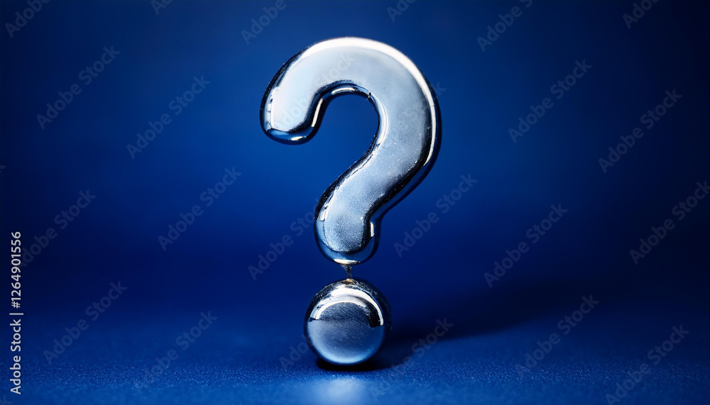 Poster shiny silver or chrome question mark on blue background. faq and qa. problem solution.