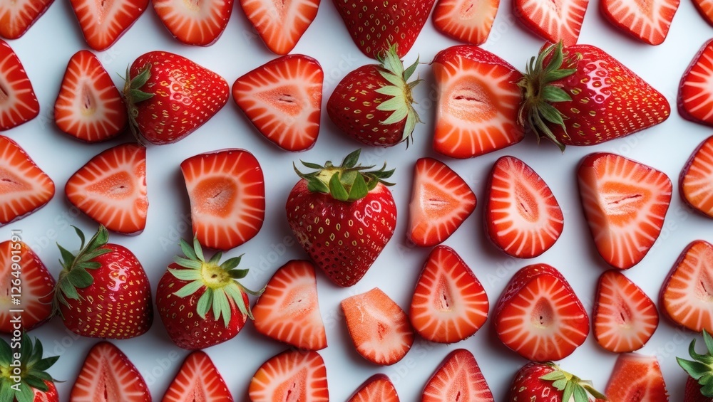 Poster fresh cut and whole strawberries arranged on a white surface with vibrant red hues and visible textu