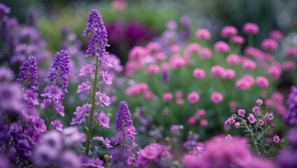 Obraz premium Colorful garden flowers in various shades of purple and pink with shallow depth of field and soft focus Copy Space