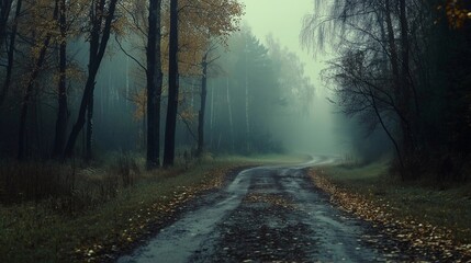 Fototapeta premium A forest road with trees and leaves on the ground. The road is wet and muddy
