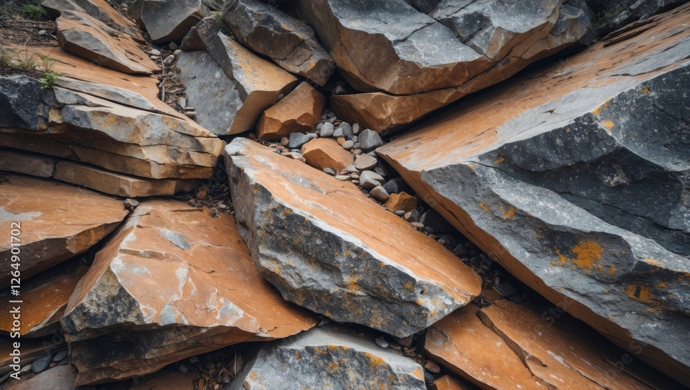 Poster Textured rock formations with various colors and sizes creating a natural landscape pattern in a geological setting Copy Space