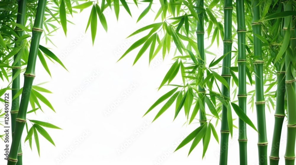 Poster bamboo stalks and leaves frame white background with ample space for text ideal for design purposes.
