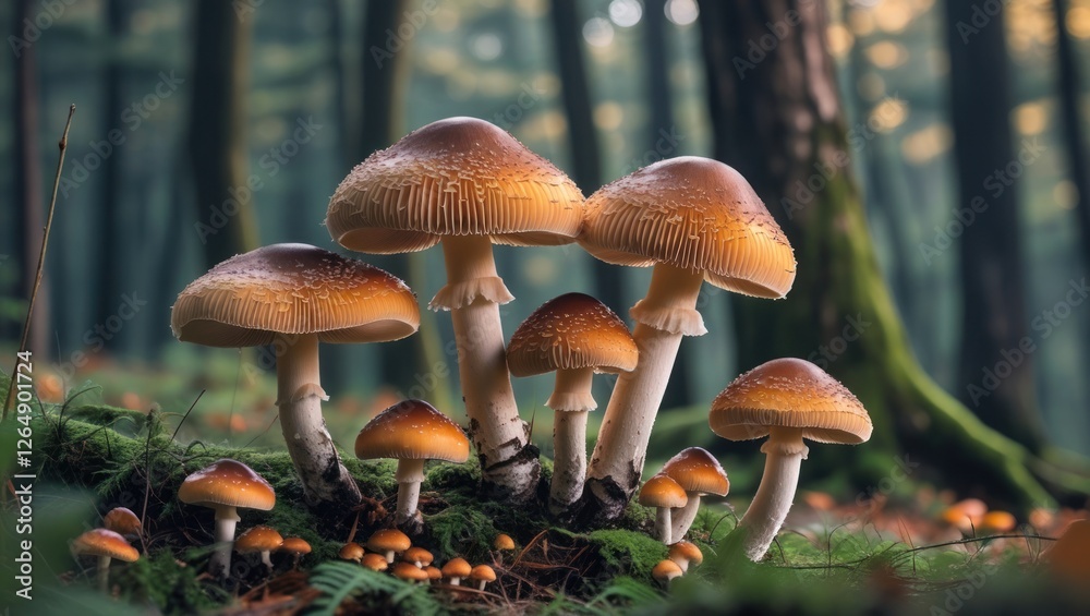 Aufkleber Mushroom cluster in a forest with soft focus background and natural light showcasing details of caps and gills Copy Space