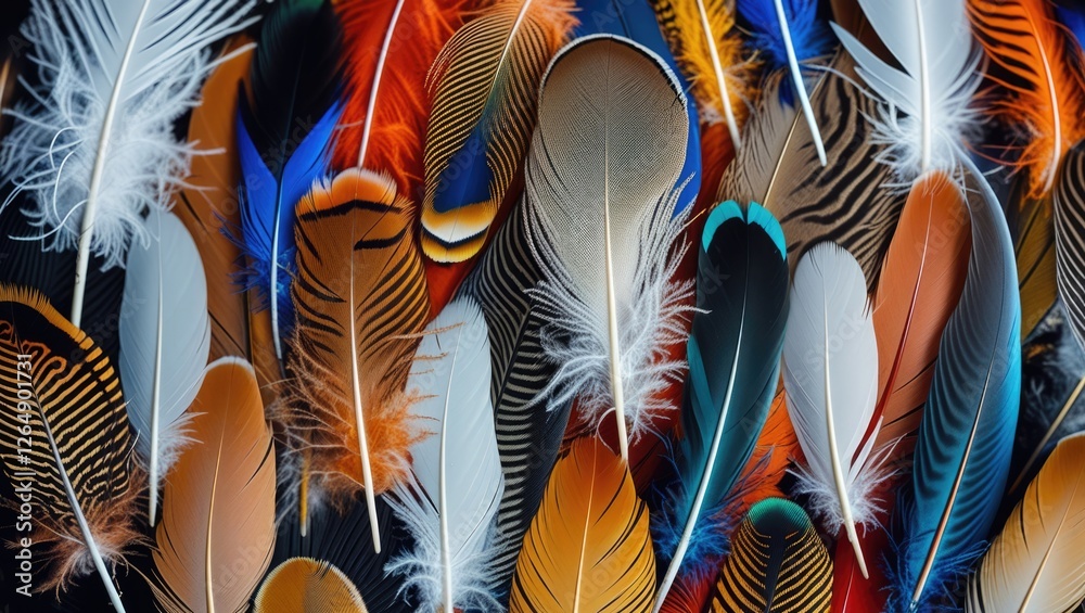 Poster Colorful assortment of feathers in various shapes and sizes on a dark background with Copy Space