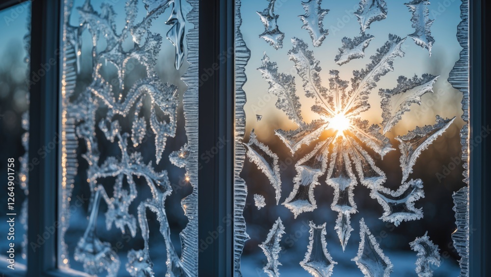 Poster frosted window with intricate ice patterns backlit by the rising sun during winter morning with blue