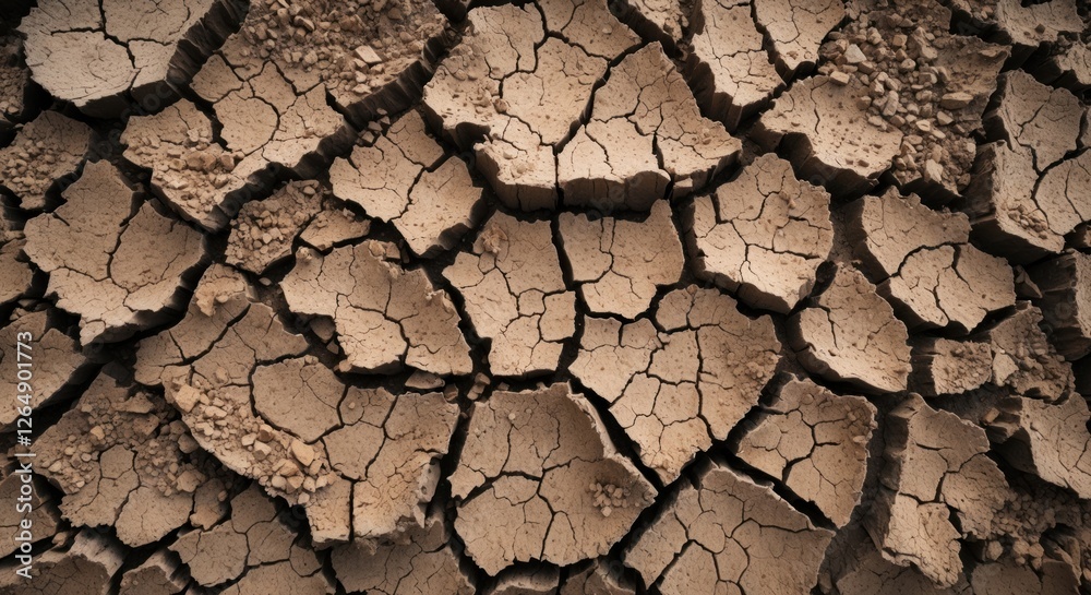 Poster cracked dry soil texture background natural pattern with small stones and copy space