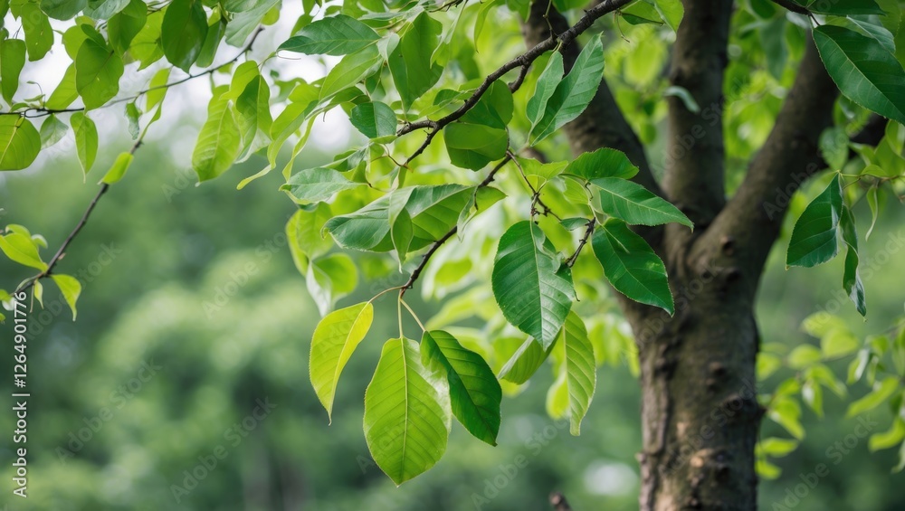 Aufkleber green tree leaves on branches with a blurred background of greenery, ideal for nature themes, copy s