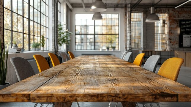 This trendy workspace features unique chair designs and large windows that bring in ample light, creating an inviting atmosphere suitable for brainstorming and collaboration.