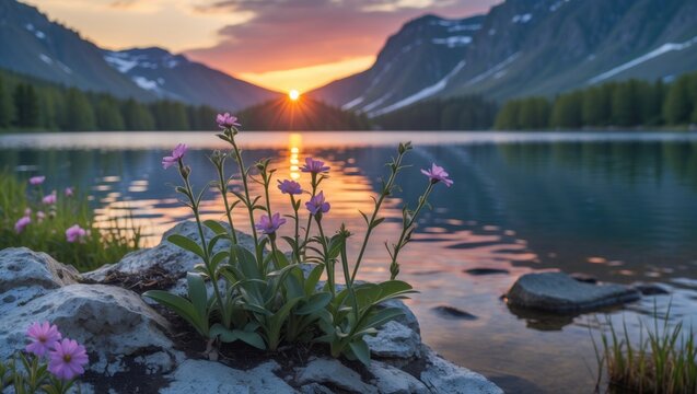 Flowers by a lake during sunset with mountains in the background and reflections on the water Copy Space