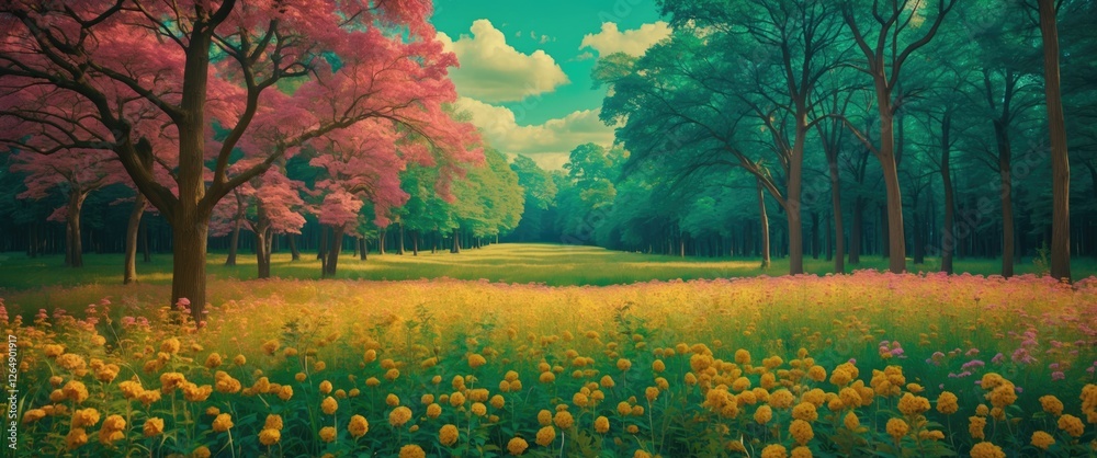 Poster vibrant spring landscape with colorful flowers and lush green trees under a clear sky in a tranquil 