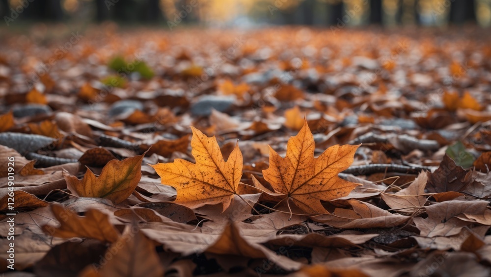 Poster autumn foliage close-up with vibrant orange maple leaves on a ground covered with fallen leaves in a