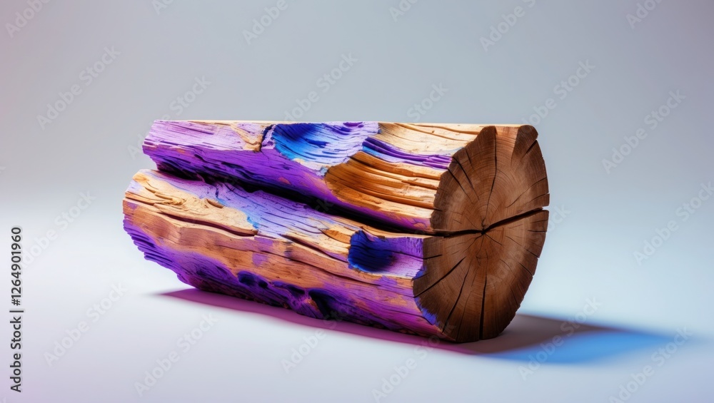 Poster colorful wooden log with textured surface showcasing vibrant hues of purple and blue isolated on pla