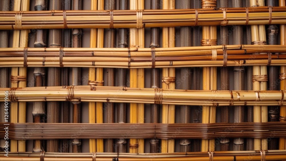 Poster Decorative woven texture of natural bamboo or rattan materials in various shades with intricate patterns and design elements