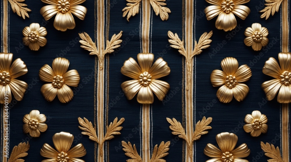 Poster golden floral decorative pattern with leaves on dark background, intricate design elements for texti