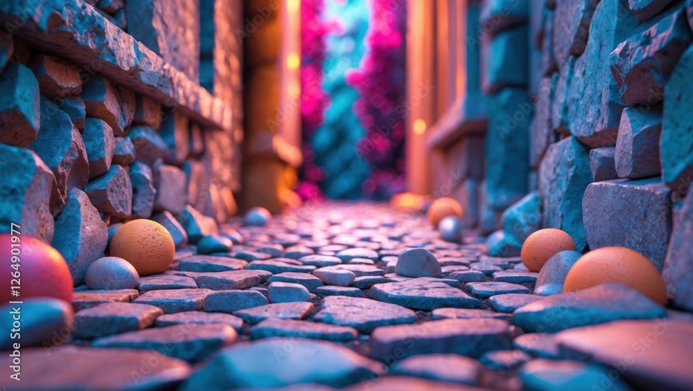 Poster Cobblestone pathway with colorful stones in narrow alleyway illuminated by soft lighting for texture and depth Copy Space