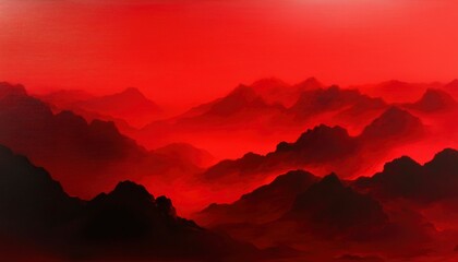 Obraz premium Red mountains are covered with fog at sunset. Beautiful backdrop for inspiration