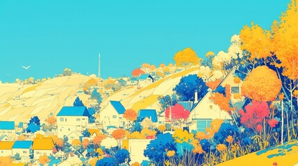 Vibrant Autumn Hillside in City Pop Style, rolling hills adorned with bold red, orange, yellow foliage, featuring clean geometric forms and a cool neon color palette.