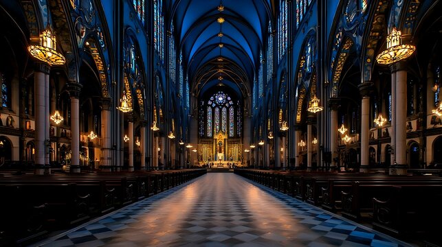 Dark Church Interior With Illuminated Aisle