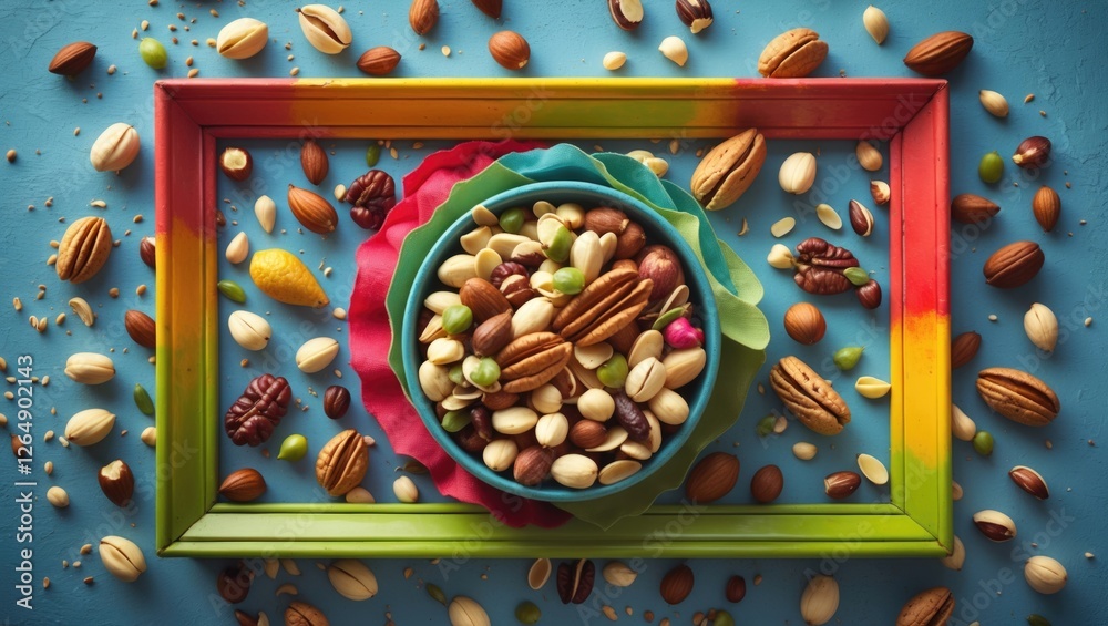 Poster colorful arrangement of mixed nuts in decorative bowls on a vibrant blue background with nuts scatte