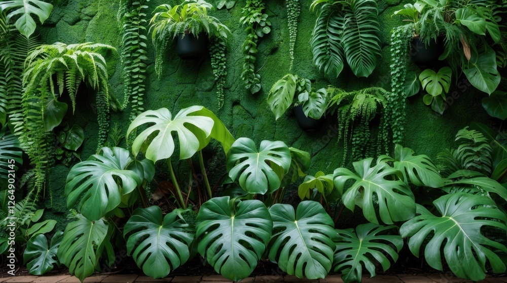 Poster lush green wall with various tropical plants and ferns in a cozy indoor setting with ample copy spac