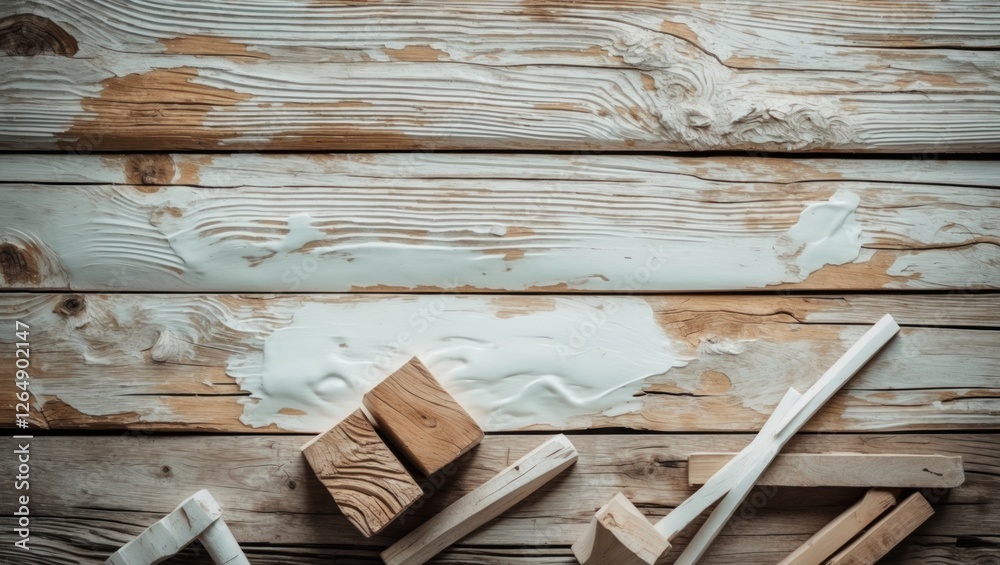 Aufkleber Wooden surface with various wooden blocks and white paint smudge top view on rustic background Copy Space