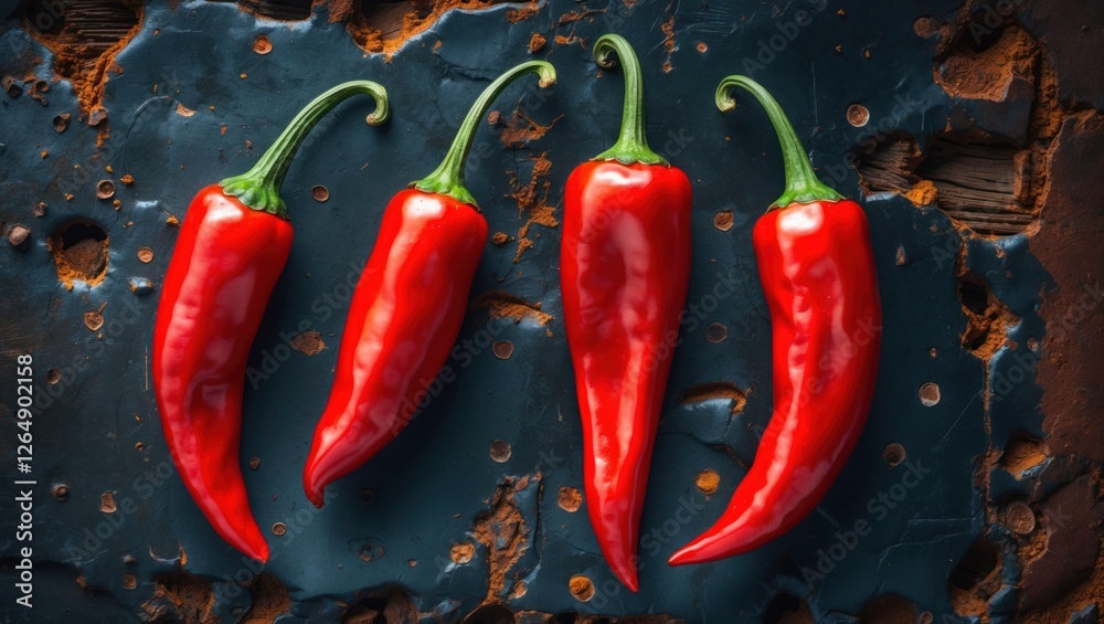 Poster Fresh red chili peppers arranged on a textured blue and rusted surface with ample copy space for text