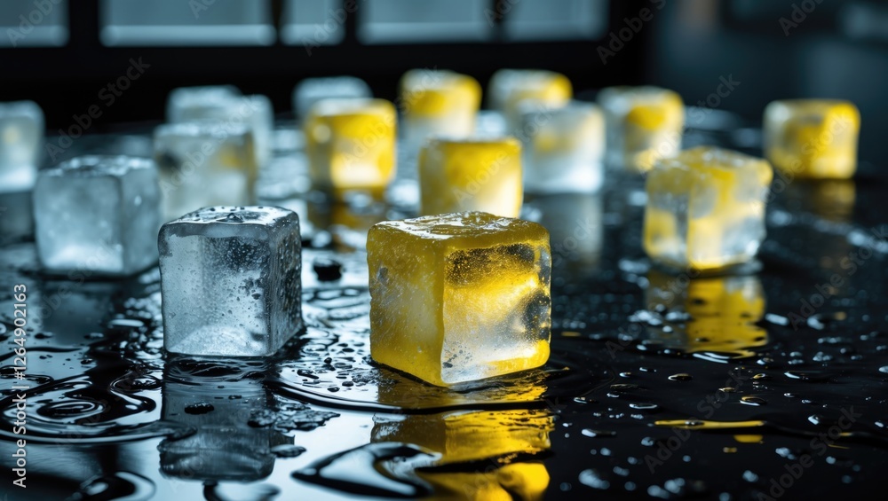Poster colorful ice cubes on a wet surface with reflections and droplets in a dimly lit environment copy sp