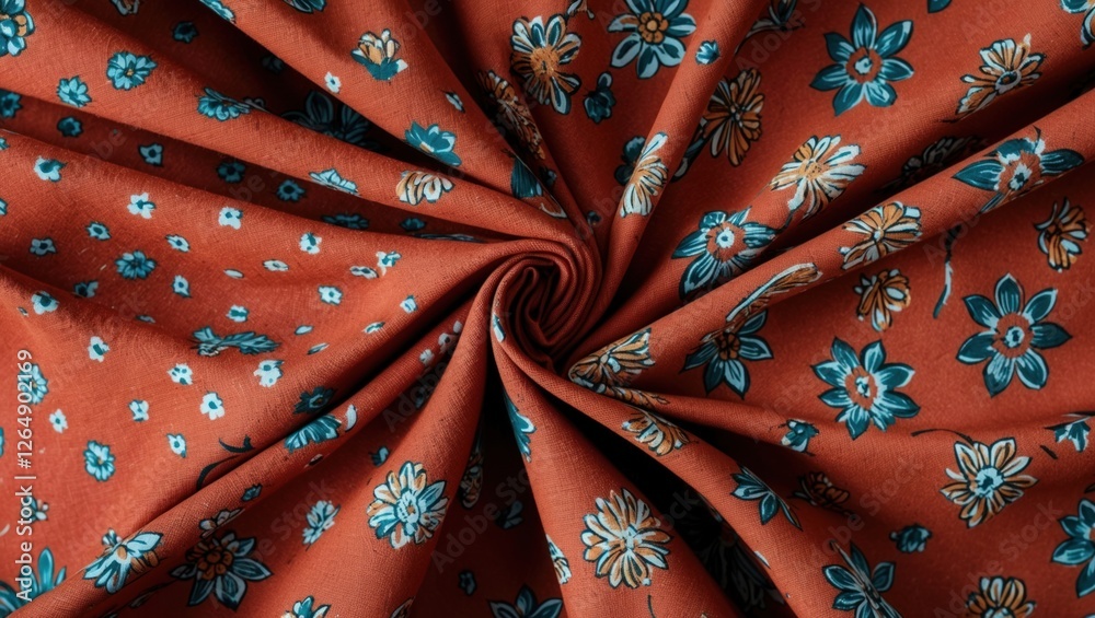 Poster floral patterned fabric with blue and white flowers on a rust orange background in a spiral arrangem