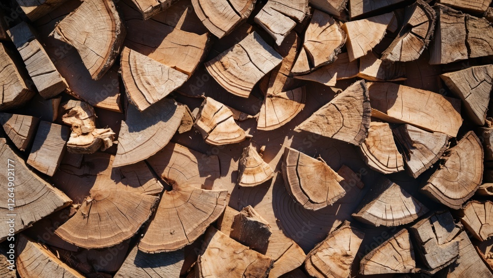 Poster Textured stack of dried wooden logs displaying natural circular patterns and details, suitable for backgrounds or nature-themed designs, Copy Space
