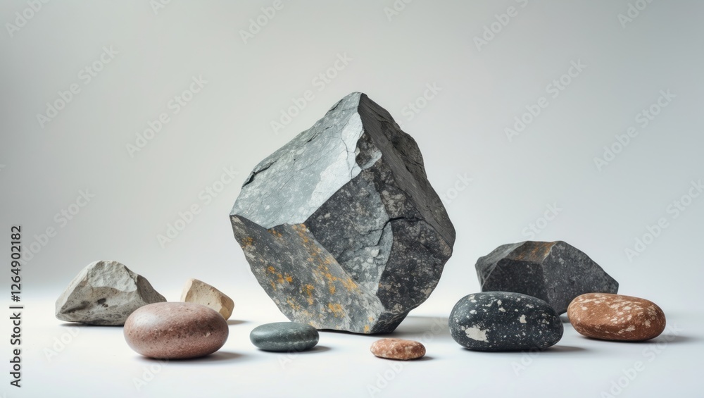 Aufkleber Assorted natural stones and pebbles arranged on a light background with ample copy space for text placement.