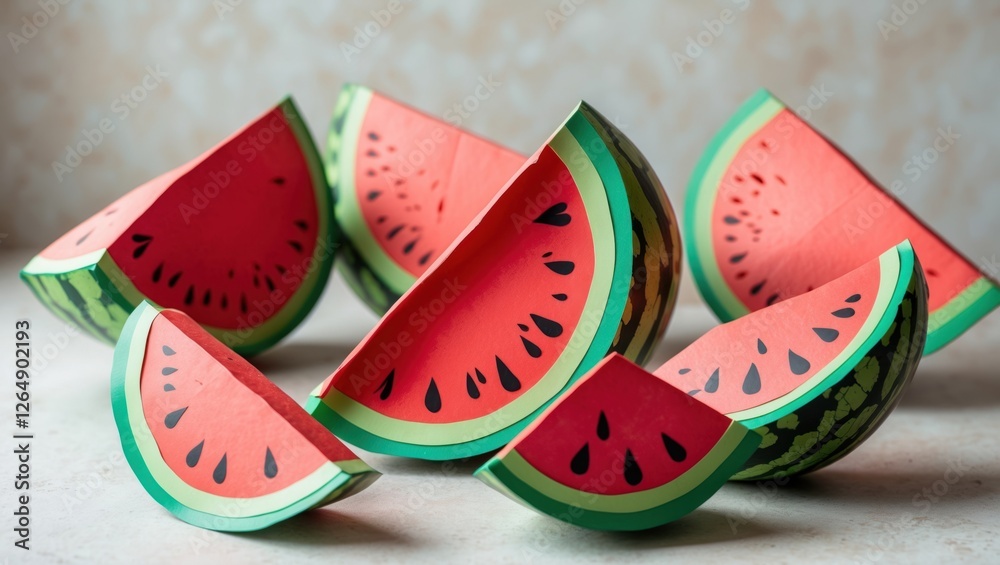 Poster cut paper watermelon slices arranged artistically on a light background with a focus on vibrant colo